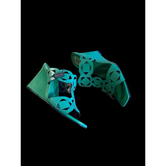 Emanuel Crasto Leather Laser-Cut Wedge Sandals Green Italy-Made Size 38 New - Picture 2 of 7